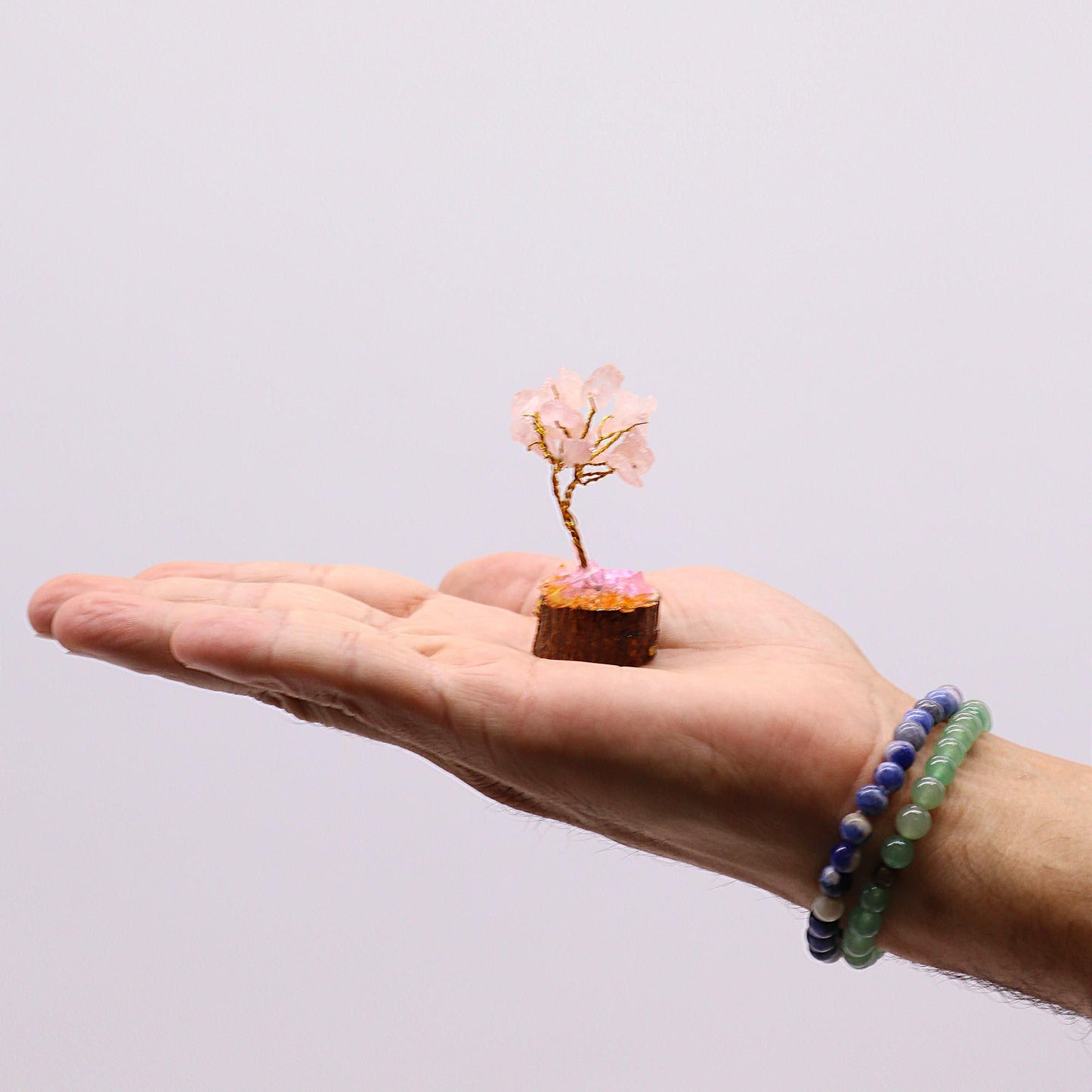 Mini arbre sur socle bois — Quartz rose