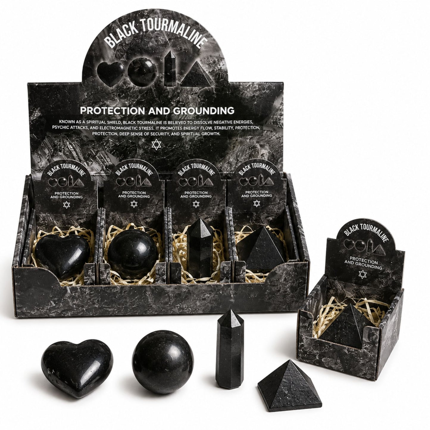 Pierre brute — Quatre formes · Tourmaline noire