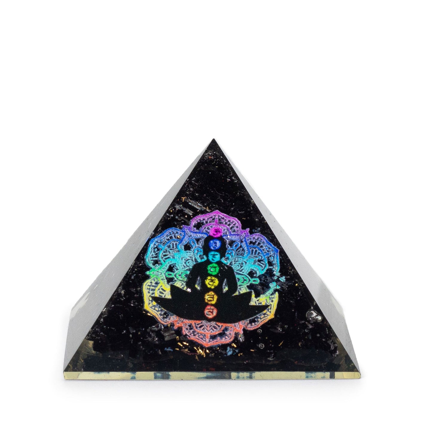 Petite pyramide d’orgonite — Chakra du Bouddha · Éclats de tourmaline noire · 5cm