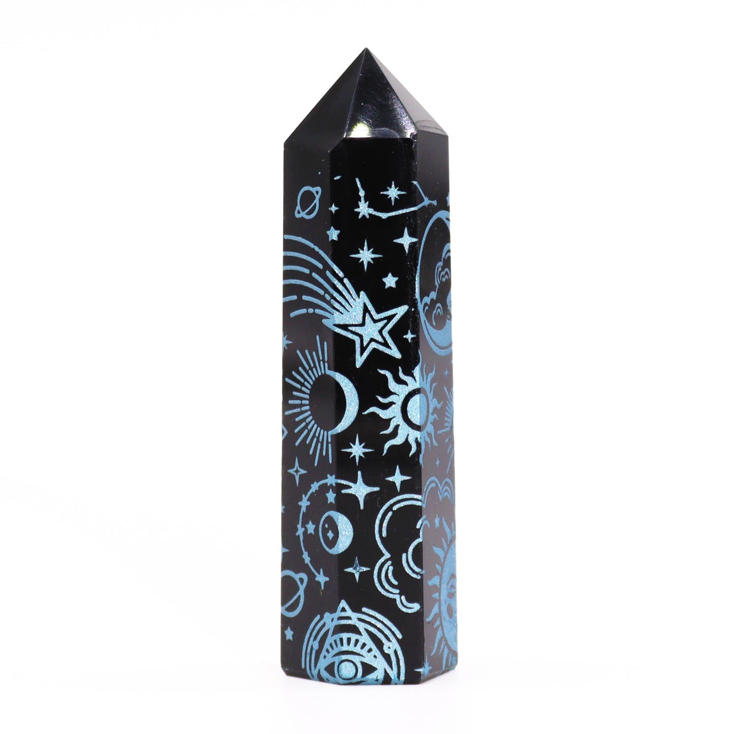 Pointe d’obsidienne noire — Histoire mystique · Bleu ciel · 9cm