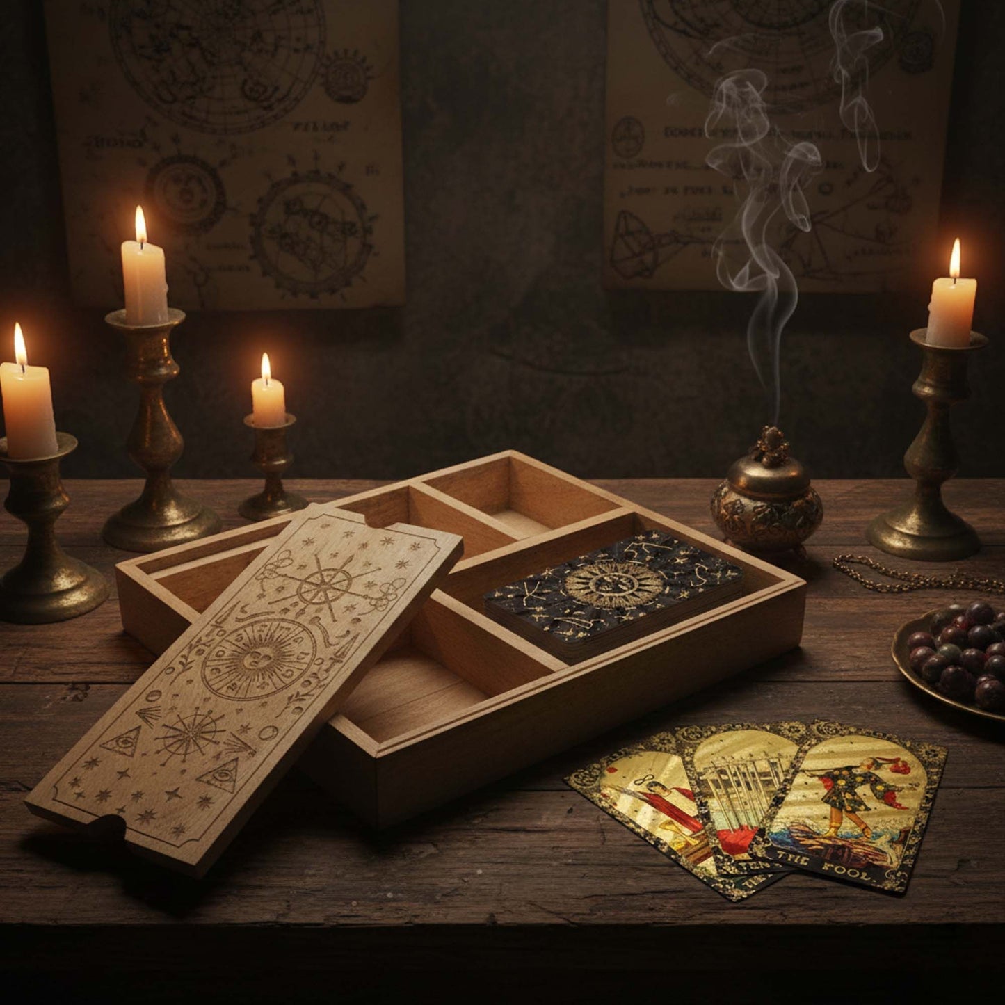 Coffret de tarot à quatre compartiments sur socle pour cartes