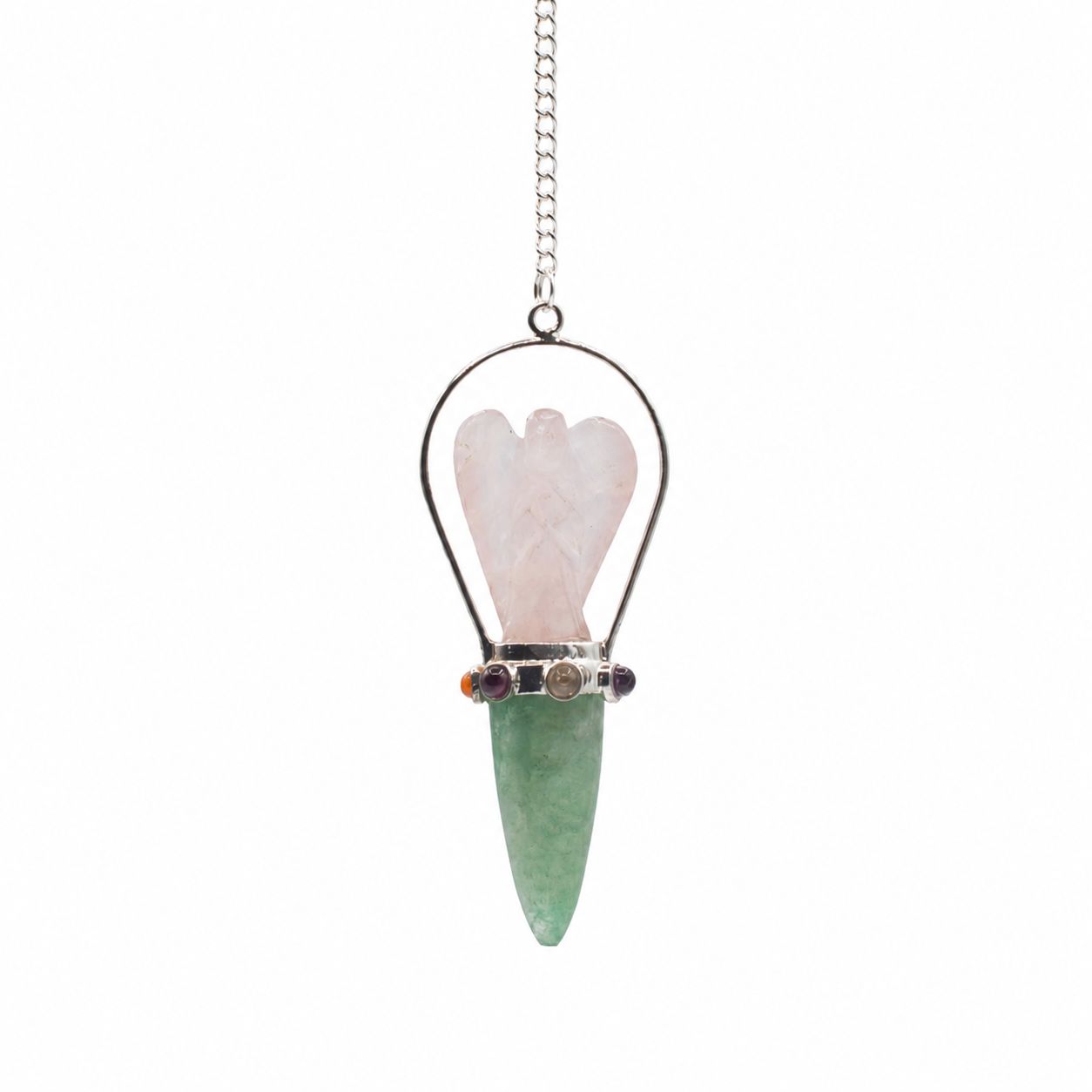 Pendule L’Oracle du cœur — Ange deux pièces · Quartz rose & aventurine verte