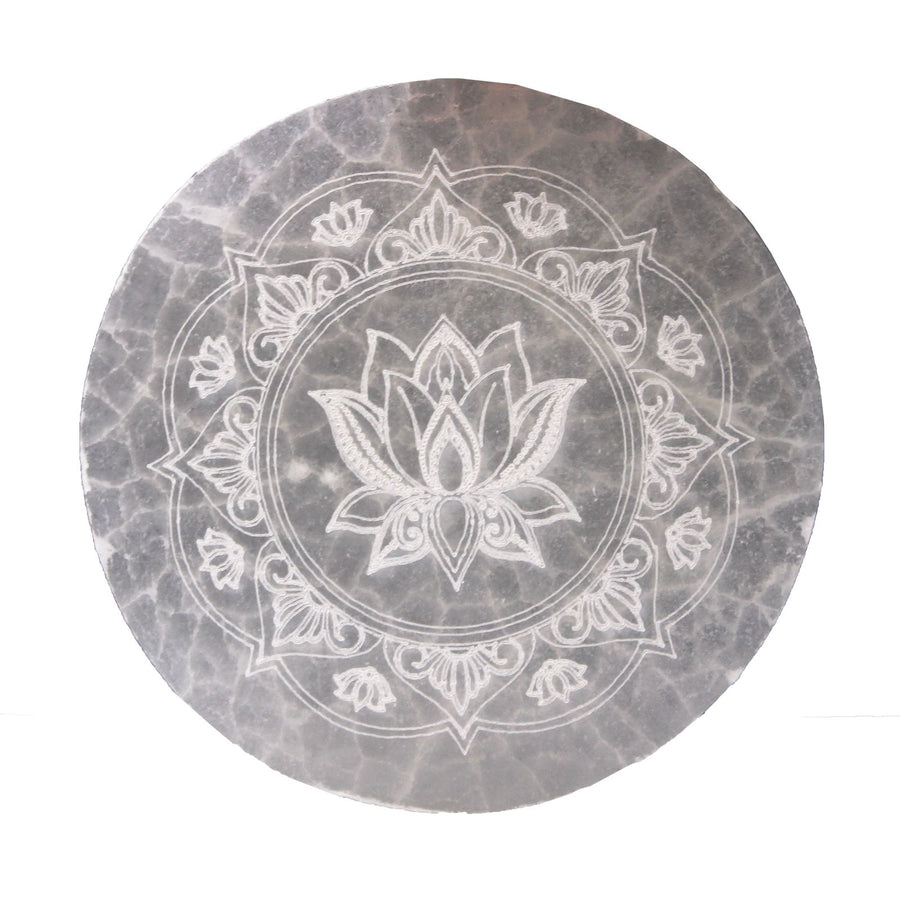 Coupelle de charge en sélénite — Mandala de lotus · 10cm
