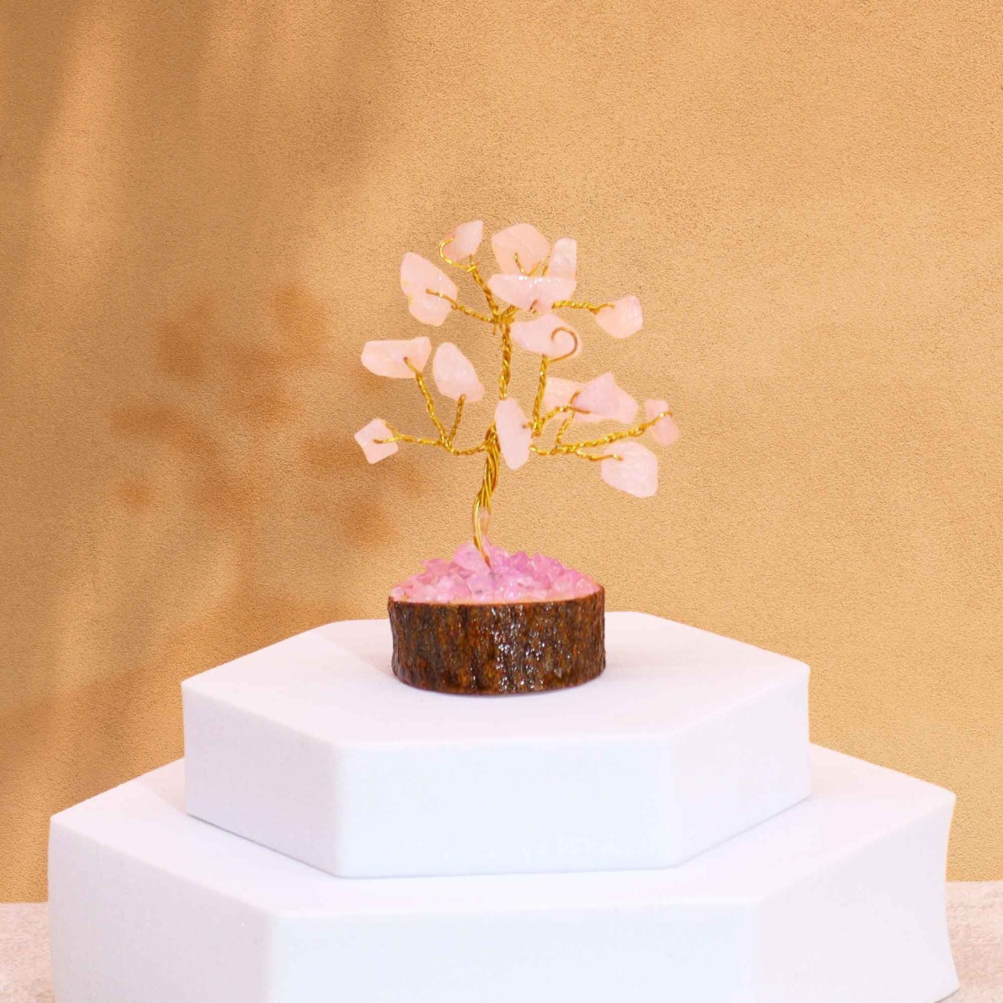 Mini arbre sur socle bois — Quartz rose