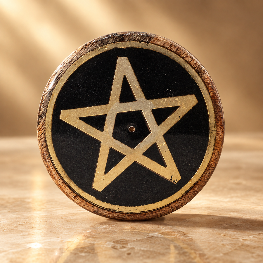 Porte-encens disque doré sur manguier pentacle