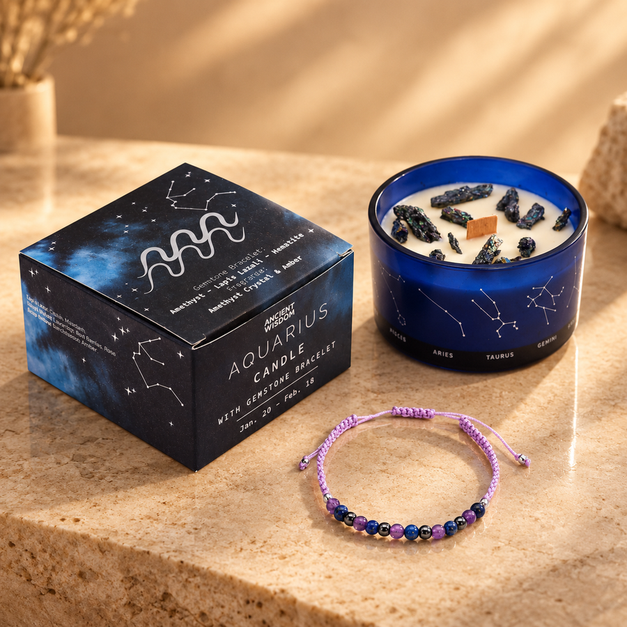 Bougie du zodiaque Verseau avec bracelet de gemmes