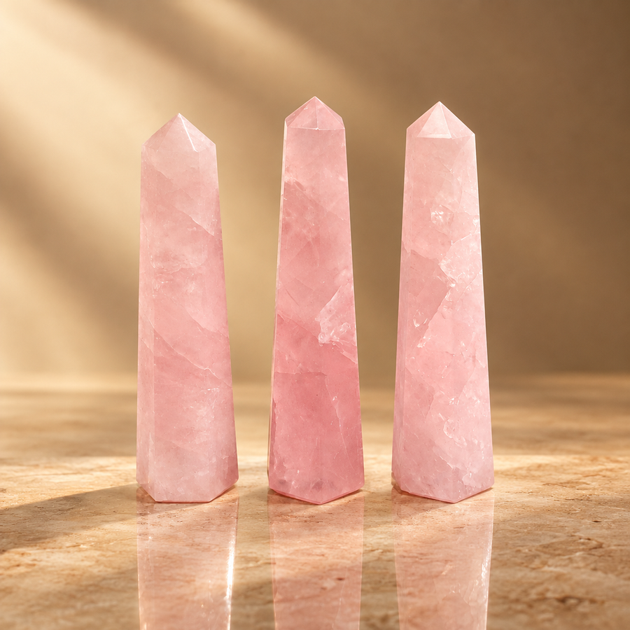 Obélisque à six faces en quartz rose 11 cm