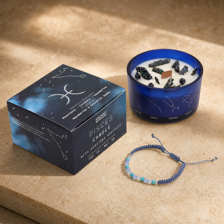 Bougie du zodiaque Poissons avec bracelet de gemmes