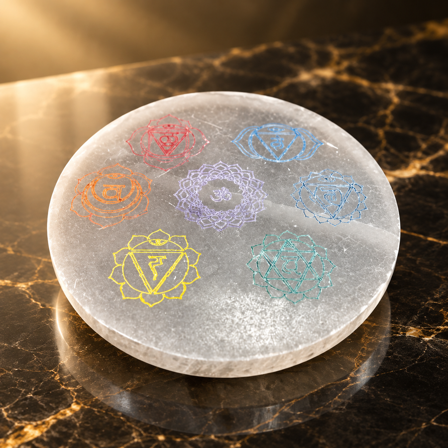 Plaque de charge en sélénite motif chakra couleur 10 cm