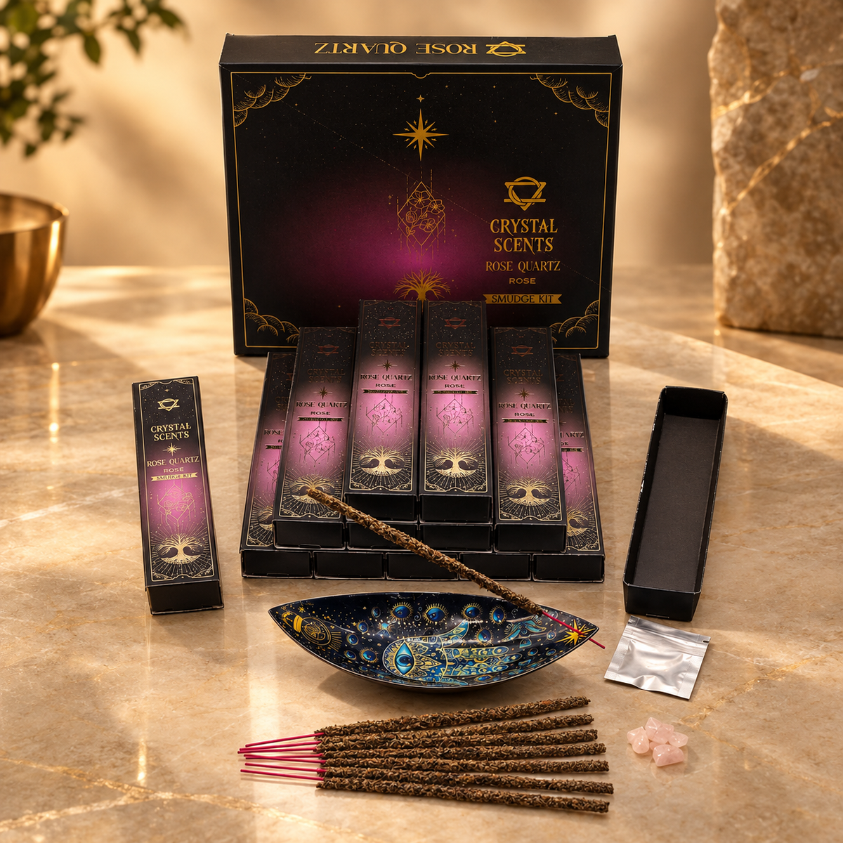 Encens au cristal, quartz rose et rose — vue 2