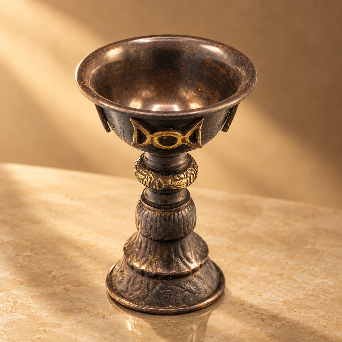 Coupe rituelle en cuivre ancien triple lune 8 × 13 cm — vue 2