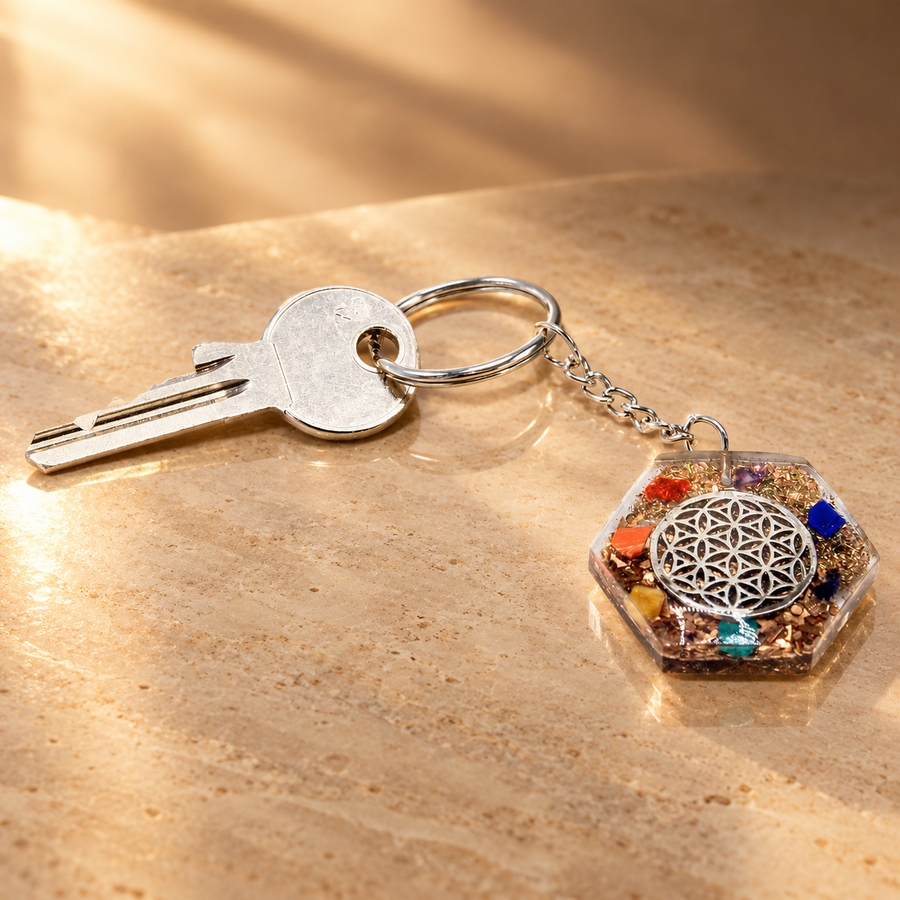 Porte-clés d’orgonite fleur de vie octogonale