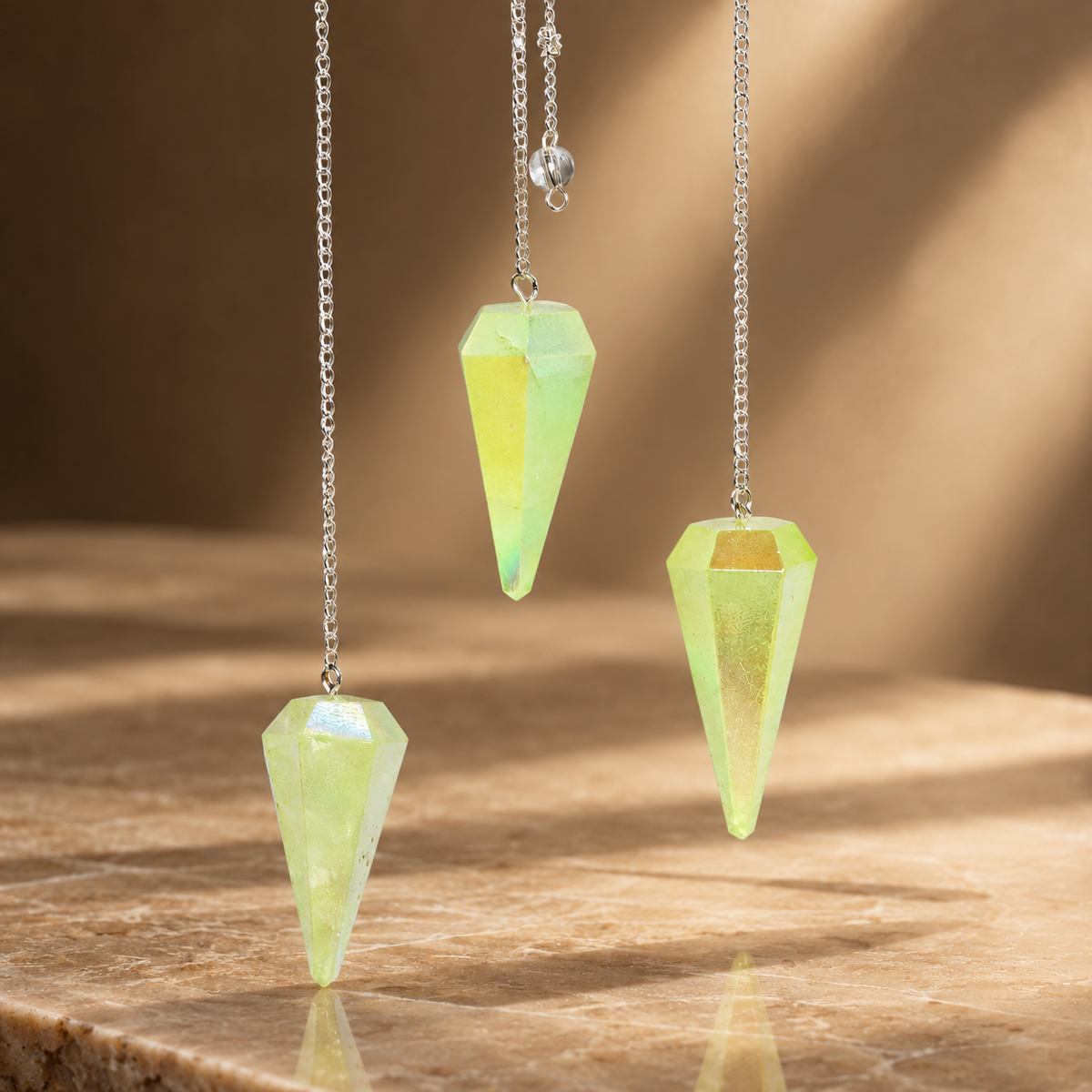 Pendule à six faces en cristal aurore vert pâle 4 cm