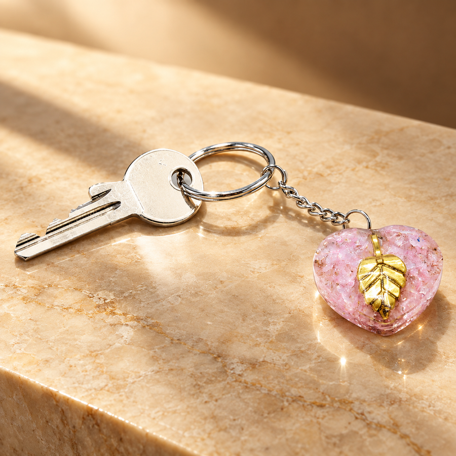 Porte-clés d’orgonite cœurs de quartz rose et feuille d’or