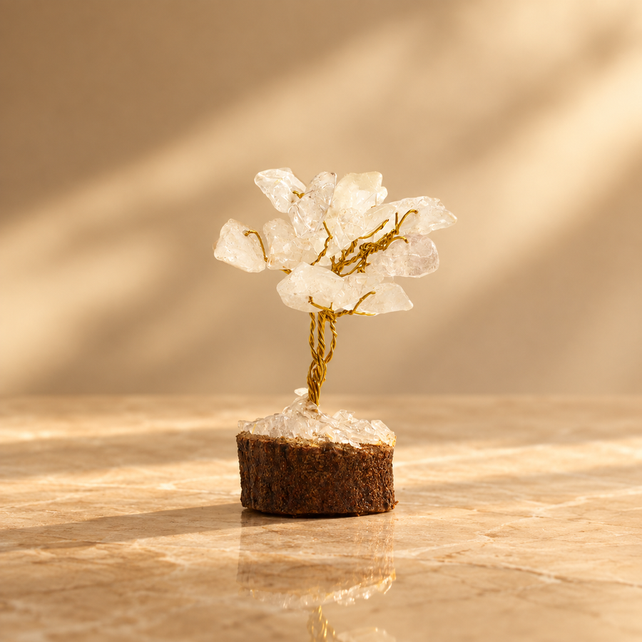 Mini arbre en cristal de roche, socle bois, 15 pierres