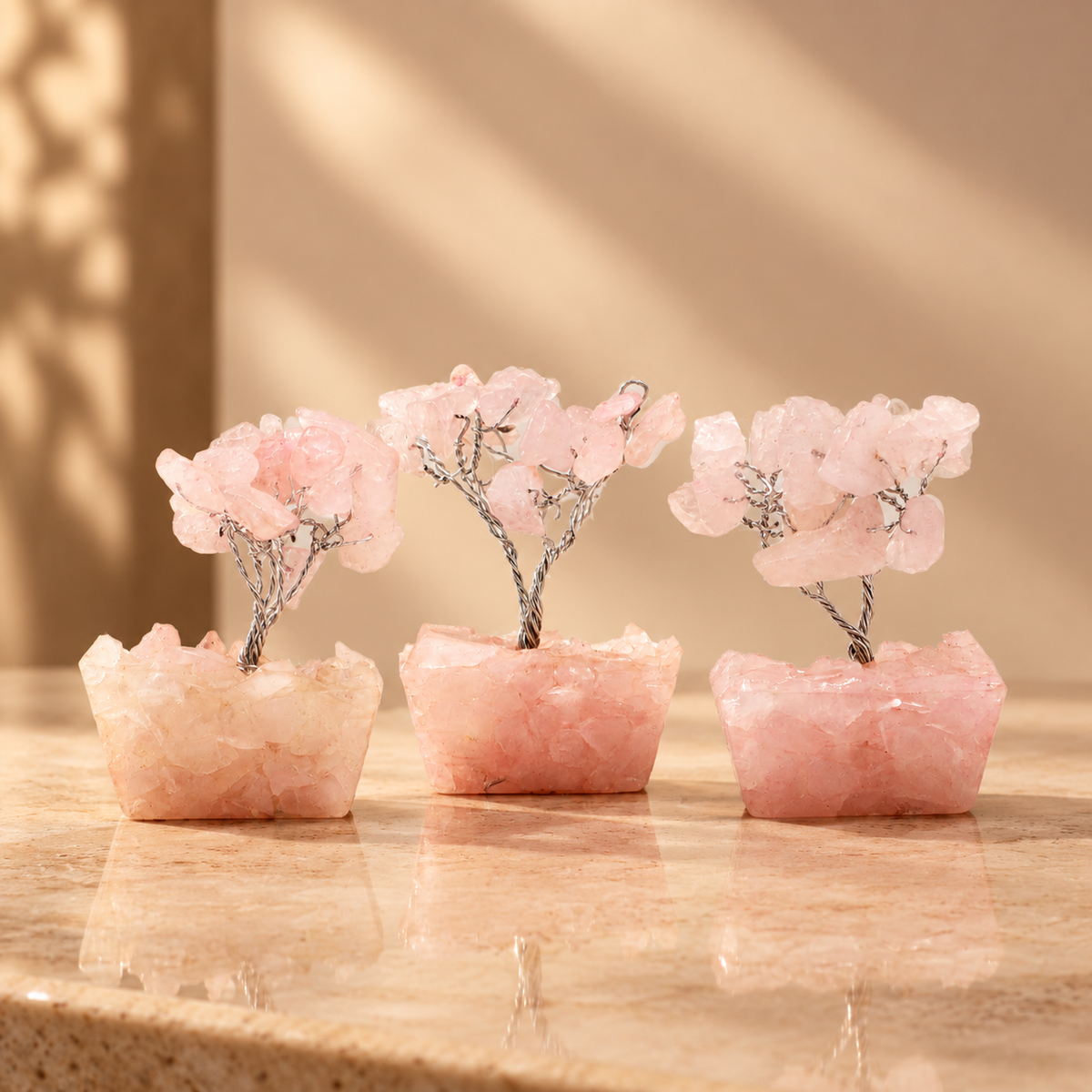 Mini arbre en quartz rose, socle orgonite, 15 pierres — vue 3
