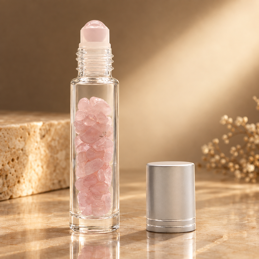 Flacon roll-on en quartz rose, bouchon argenté