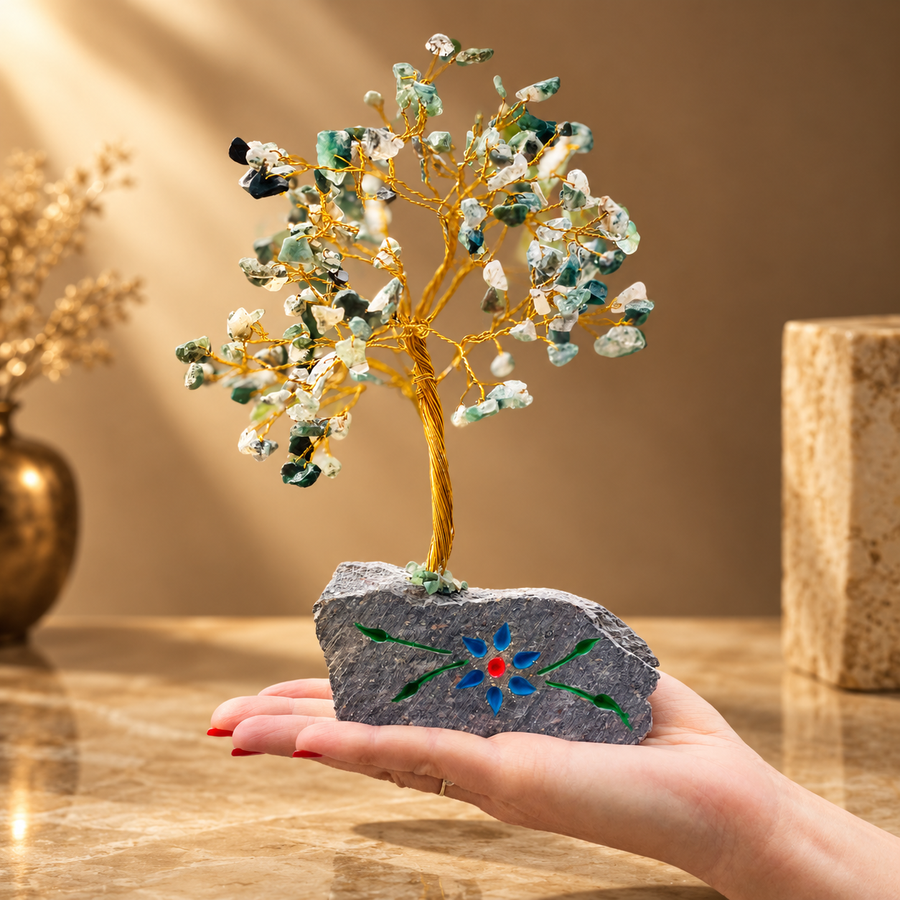 Arbre de gemmes en agate mousse, 160 pierres