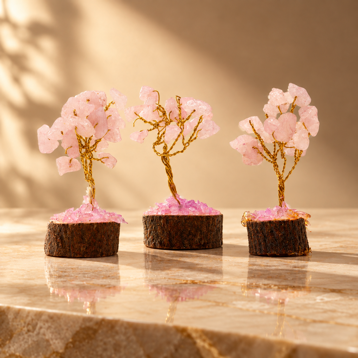 Mini arbre en quartz rose, socle bois, 15 pierres — vue 3