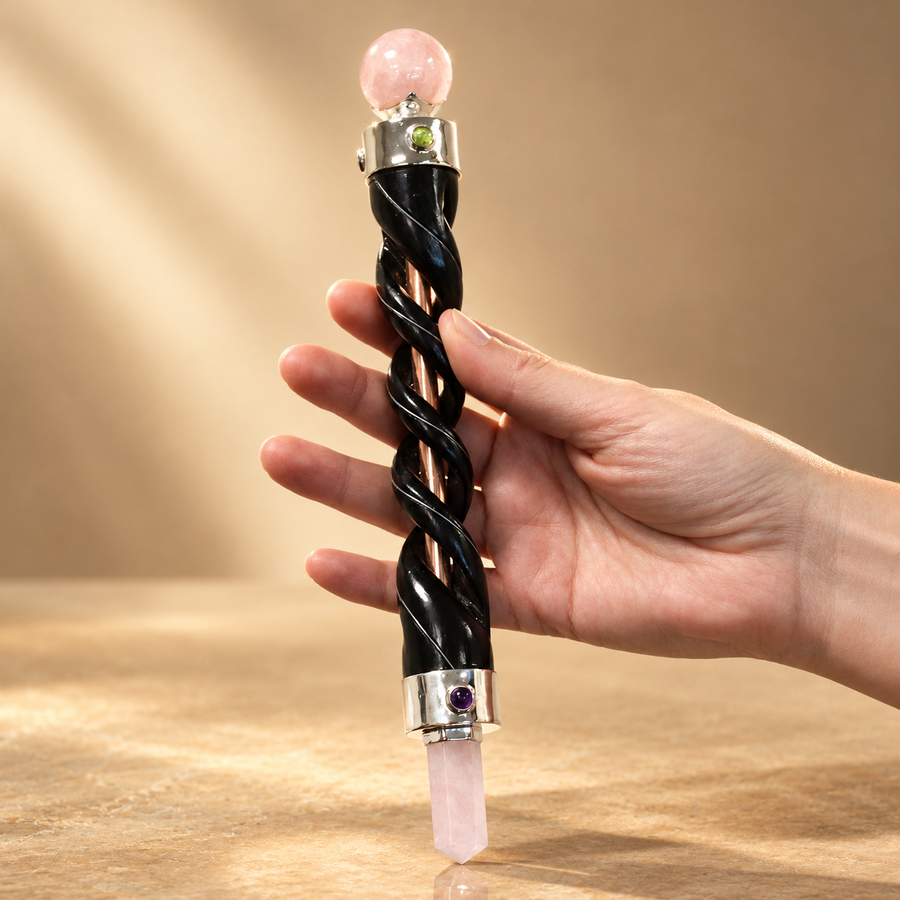 Baguette torsadée à sphère en quartz rose, argenté