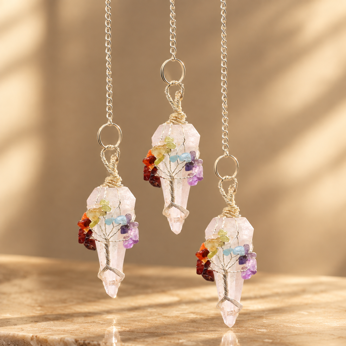 Pendule en cristal de roche sept chakras — vue 2
