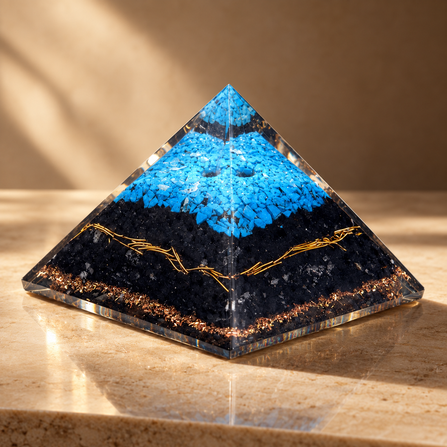 Pyramide d’orgonite avec turquoise et tourmaline noire 70 mm