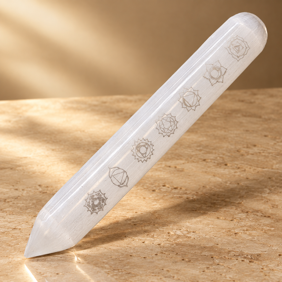 Baguette en sélénite sept chakras 16 cm