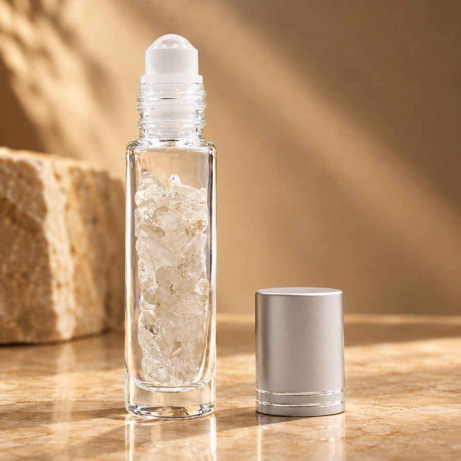 Flacon roll-on en cristal de roche, bouchon argenté