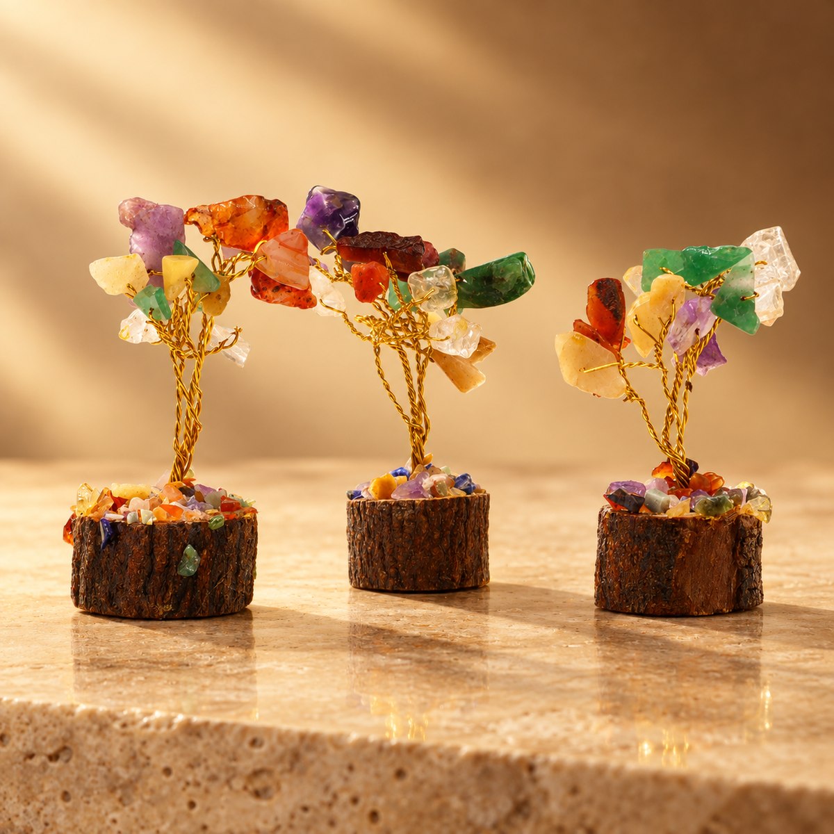 Mini arbre en pierres assorties, socle bois, 15 pierres — vue 2