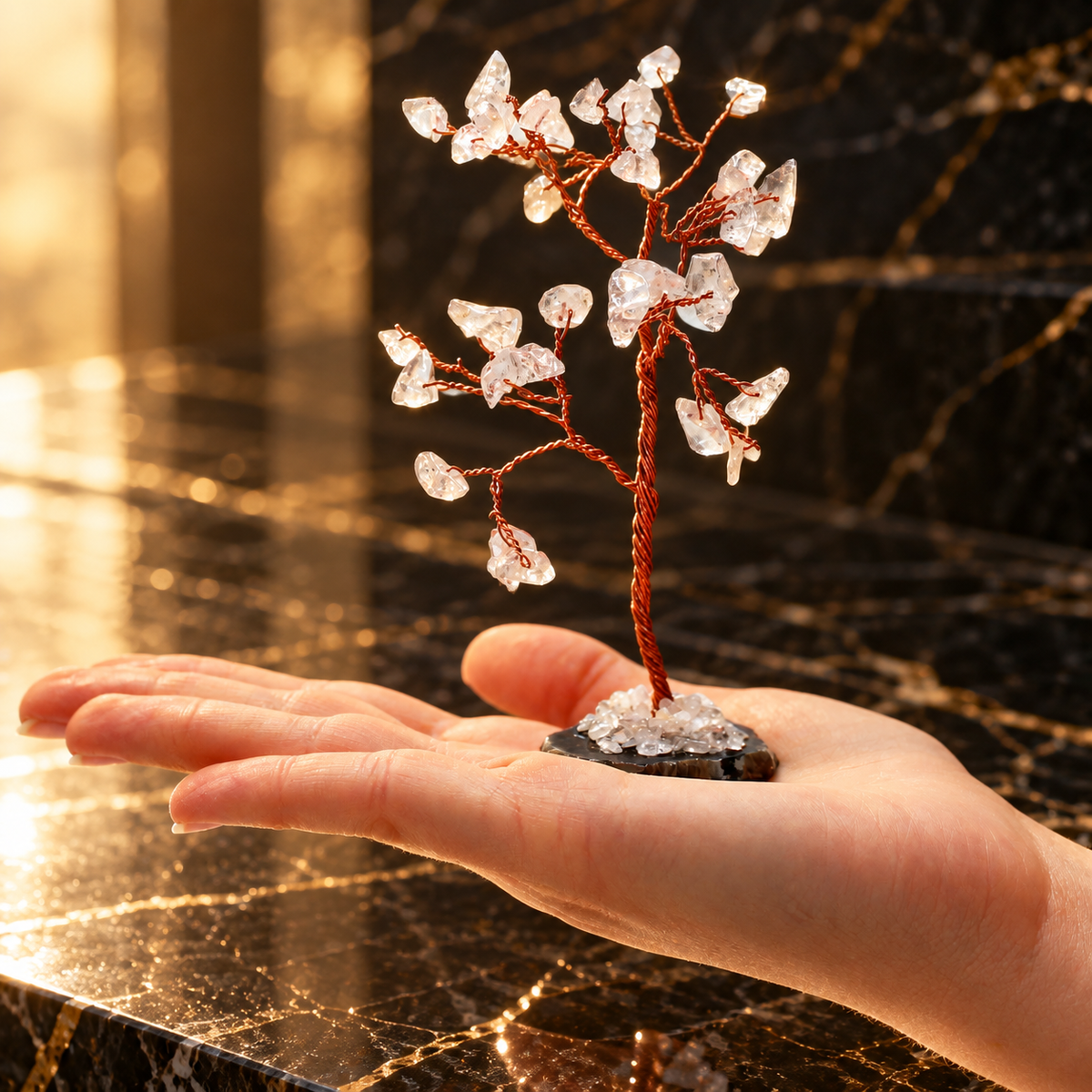 Arbre de gemmes en cristal de roche, socle d’agate, 35 pierres — vue 2