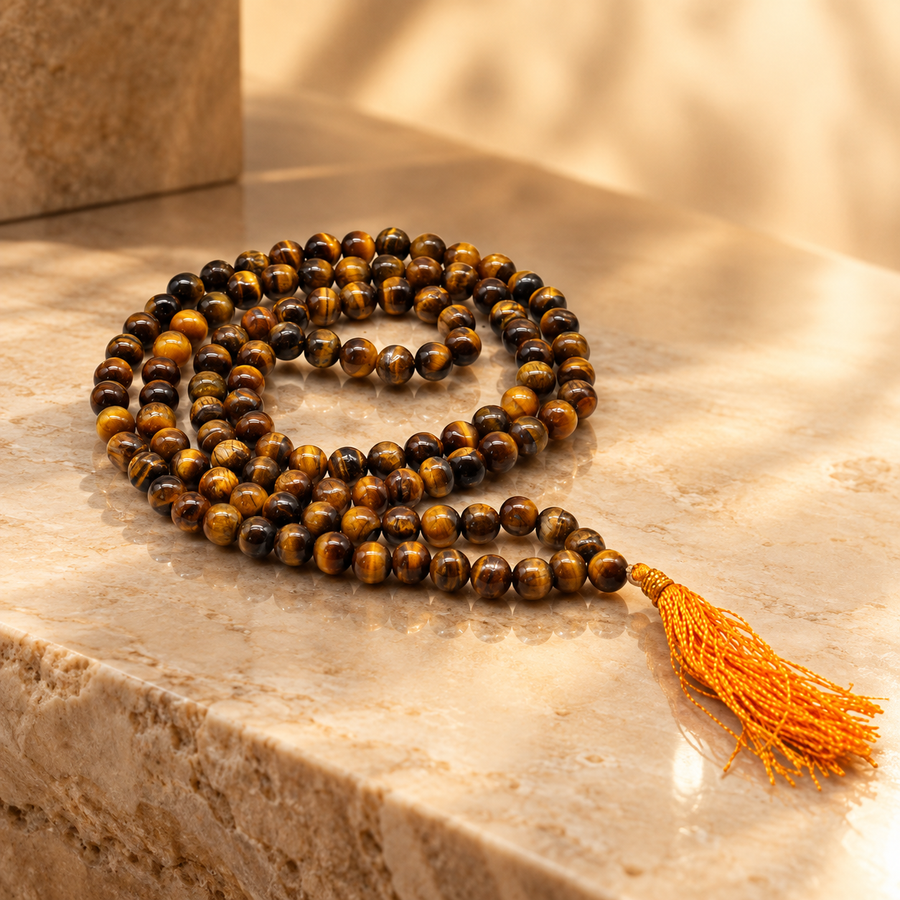 Mala en œil de tigre, 108 perles