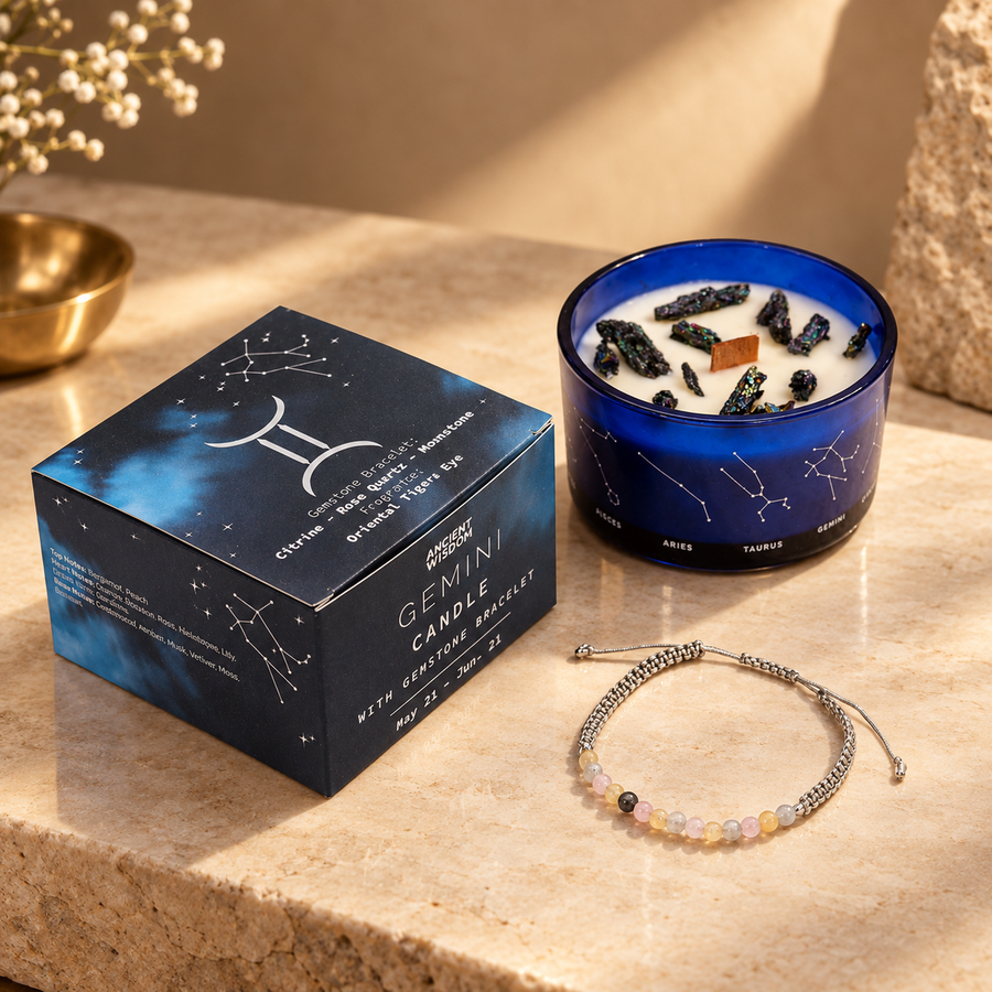 Bougie du zodiaque Gémeaux avec bracelet de gemmes