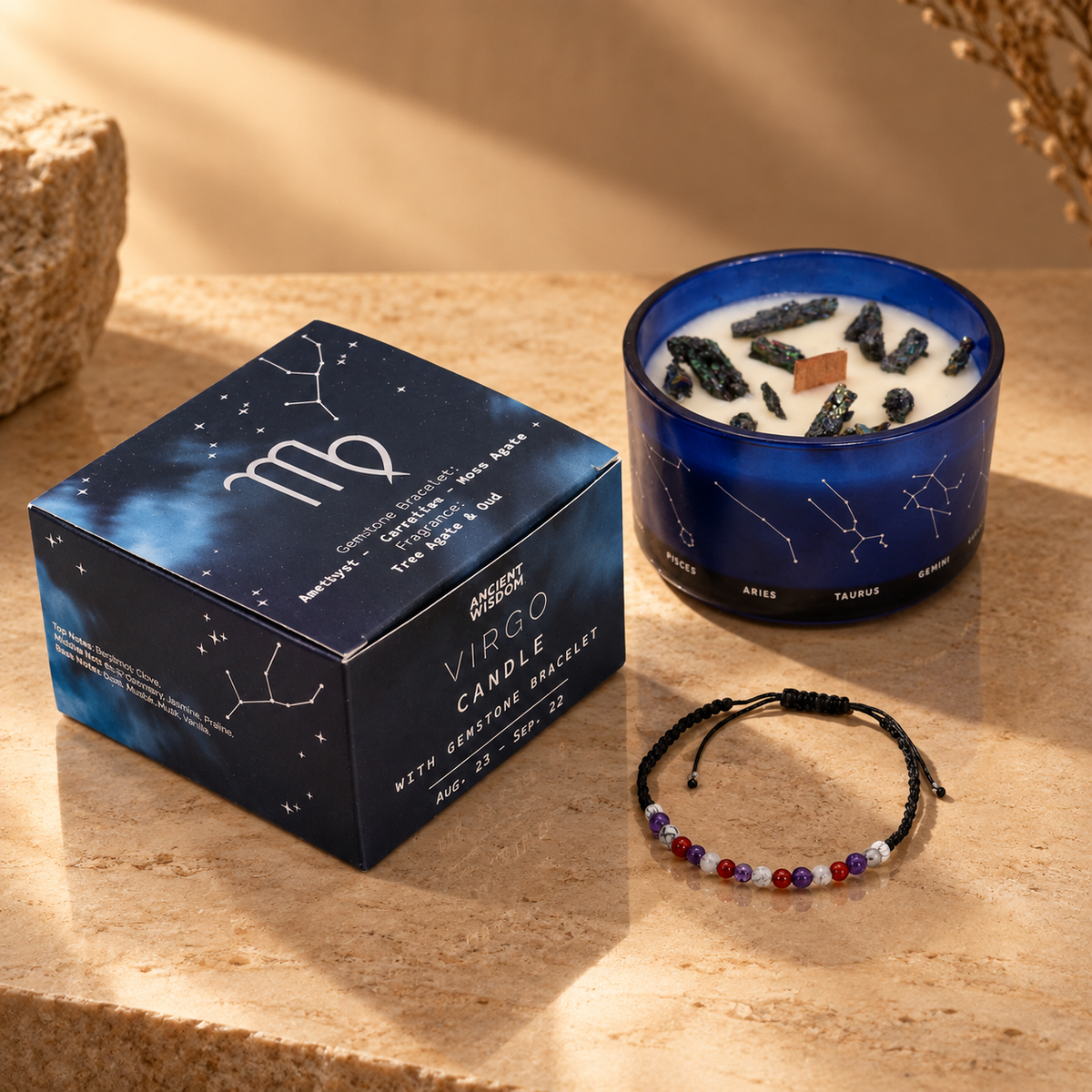 Bougie du zodiaque Vierge avec bracelet de gemmes