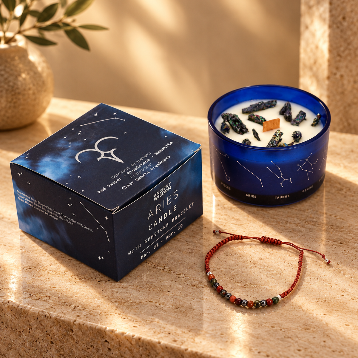 Bougie du zodiaque Bélier avec bracelet de gemmes