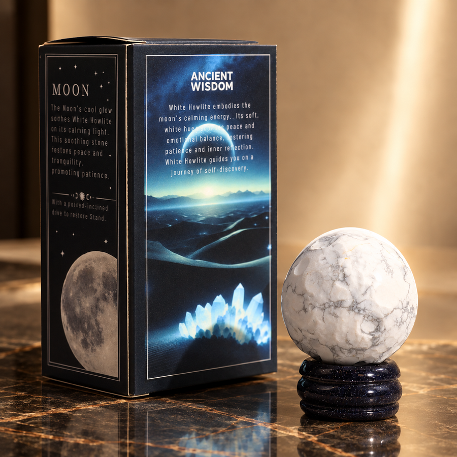 Planète Lune en howlite blanche sur socle solaire 40 mm