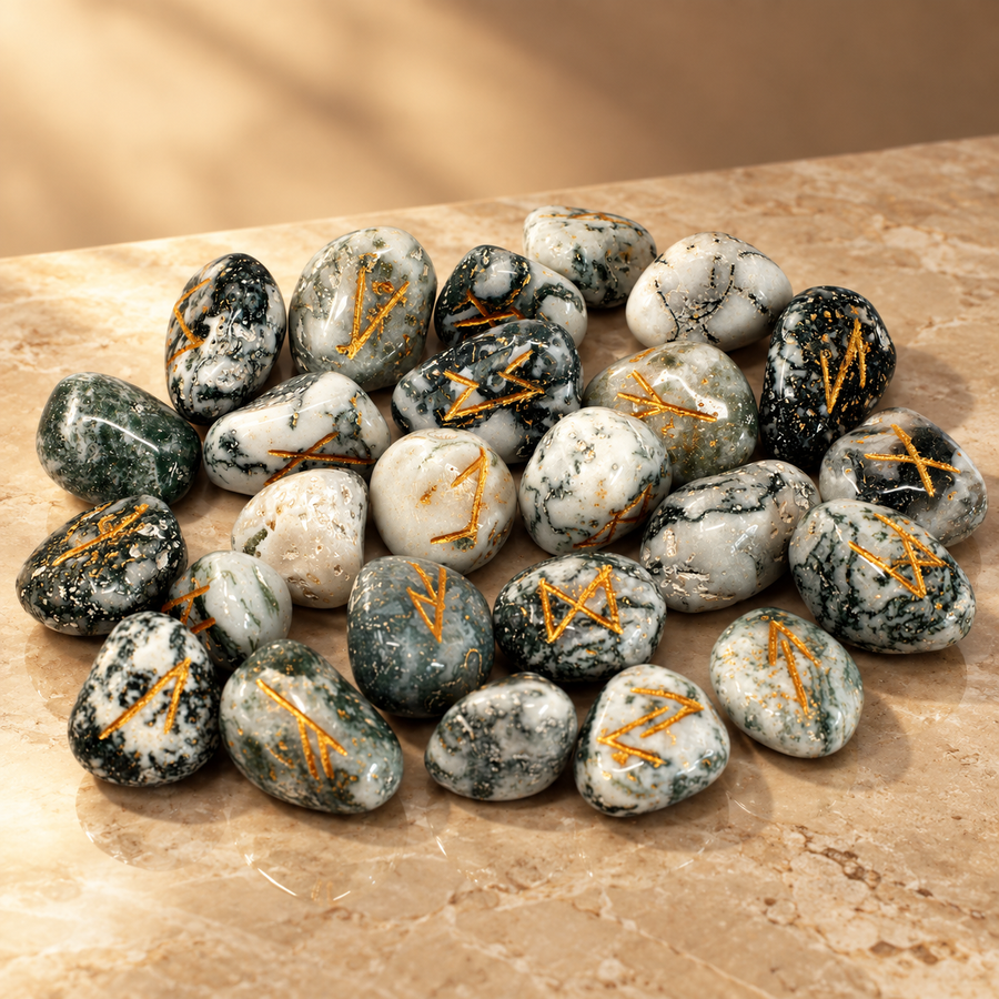 Jeu de runes en agate arborisée