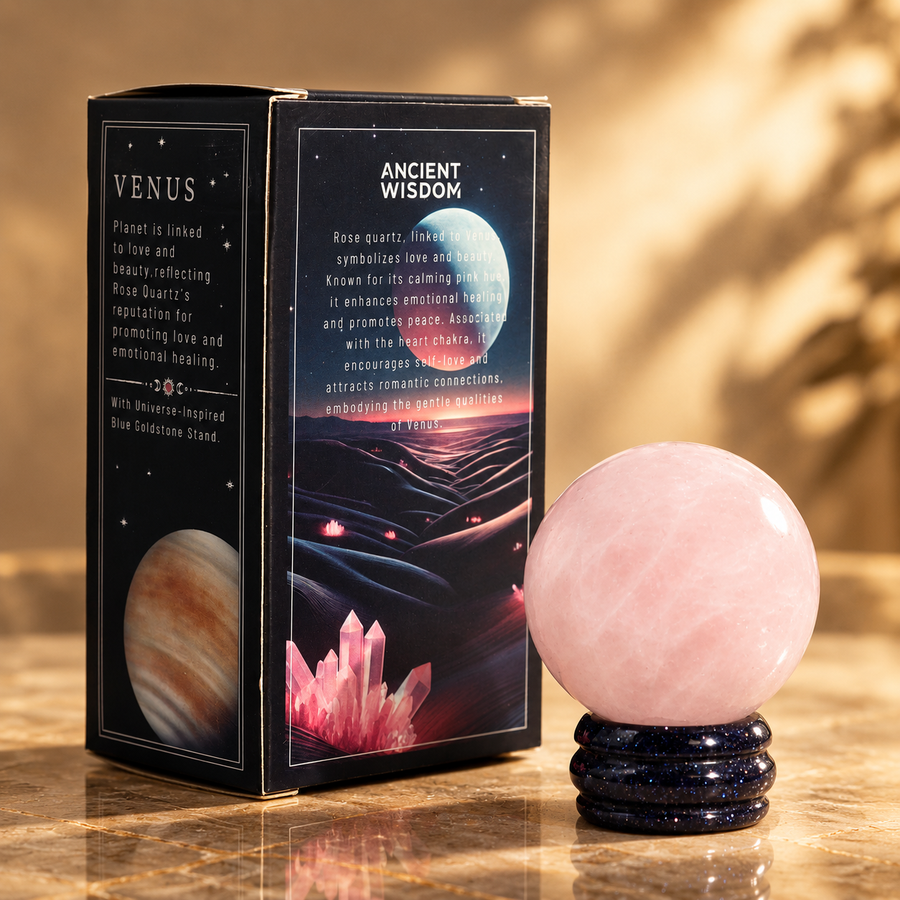Planète Vénus en quartz rose sur socle solaire 40 mm