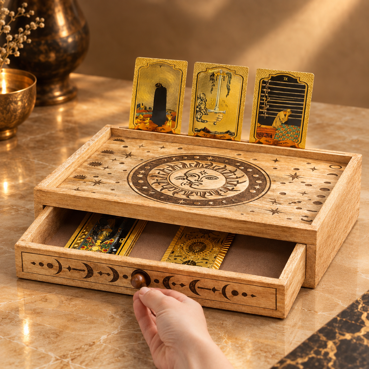 Coffret de tarot sculpté à tiroir soleil et lune