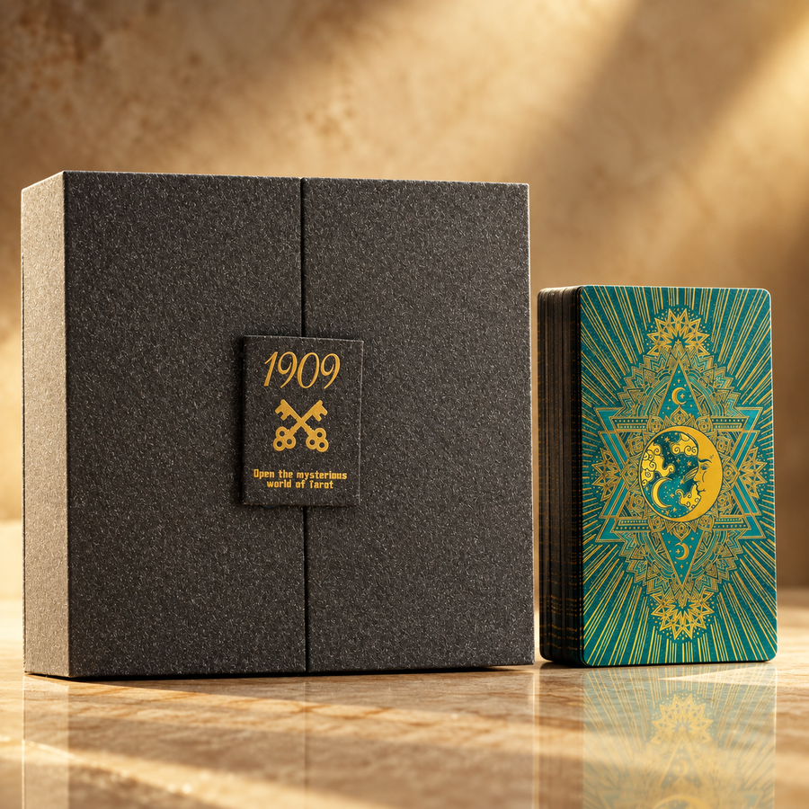 Jeu de tarot en coffret, feuille d’or et turquoise
