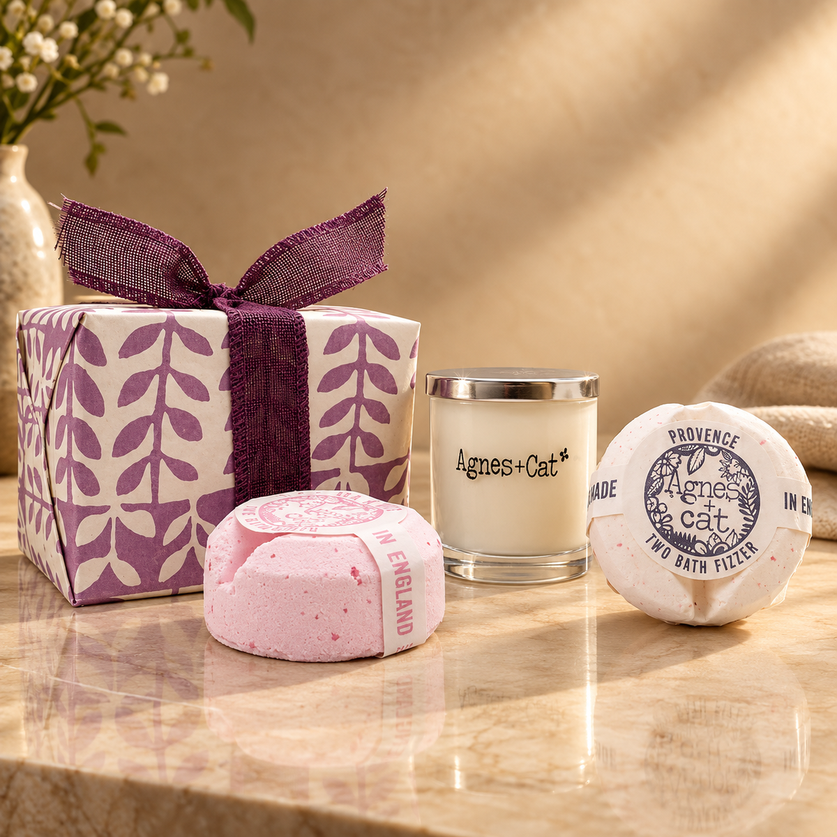Coffret bain et bougie Pivoine, thé et rose