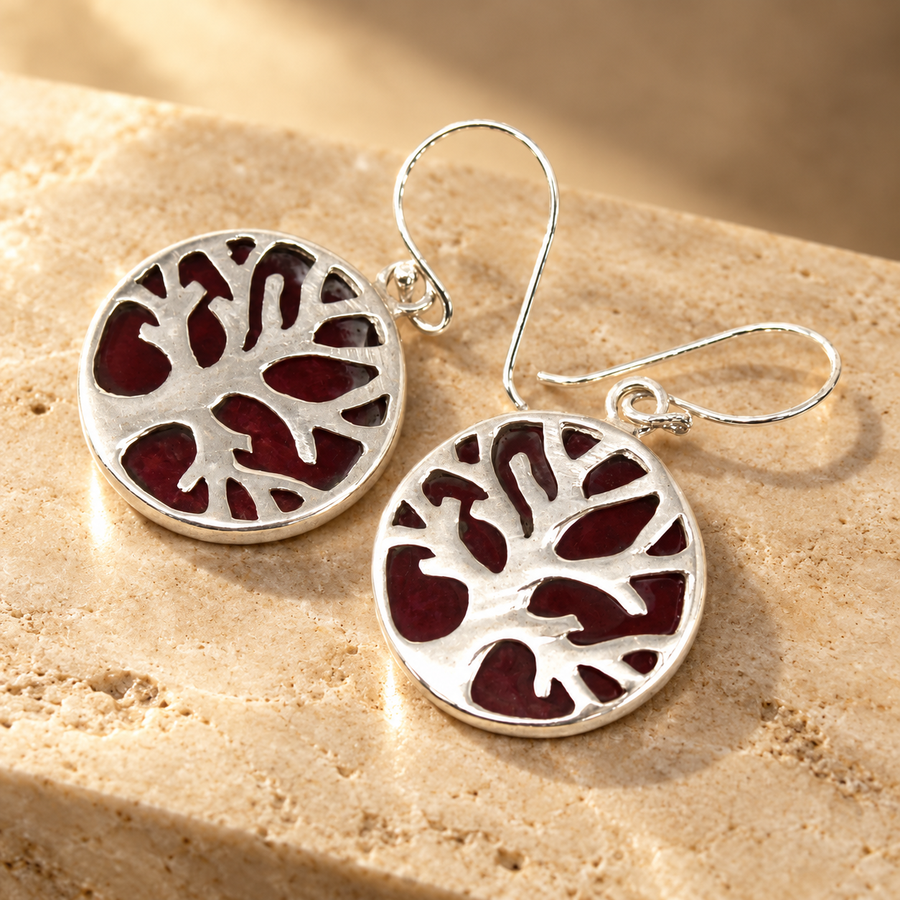 Boucles d’oreilles arbre de vie en argent 925, effet corail