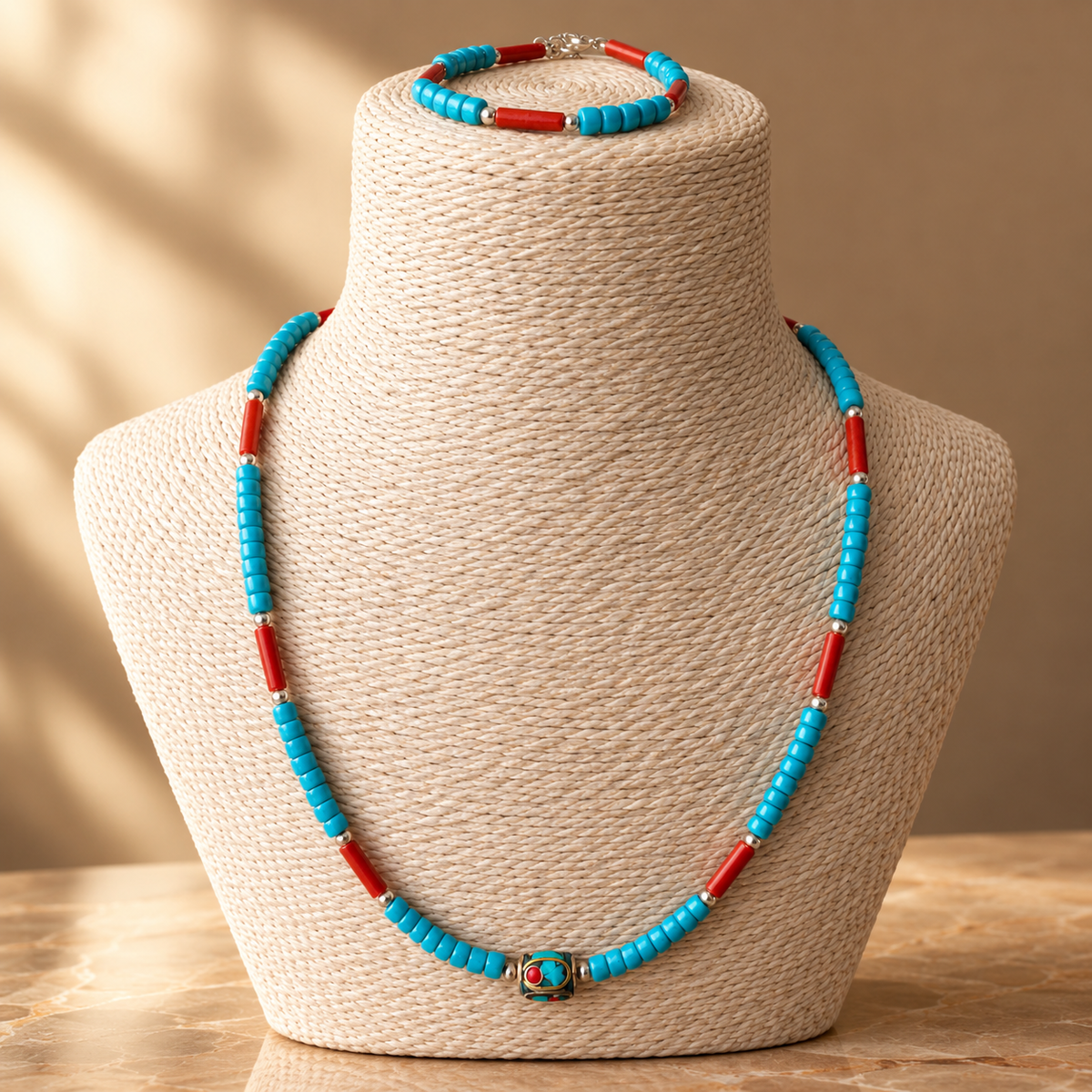 Parure népalaise, perles tribales turquoise et corail
