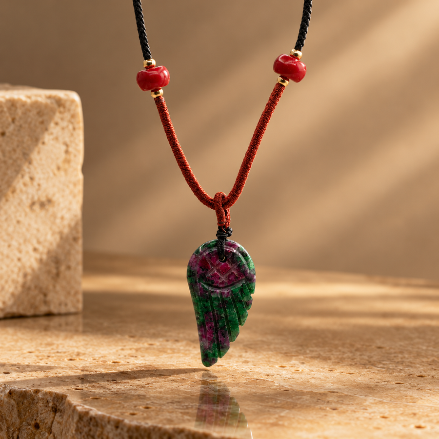 Collier sur cordon, aile d’ange en pierre verte et rose