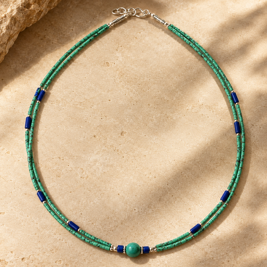 Collier népalais à deux rangs, lapis-lazuli et malachite