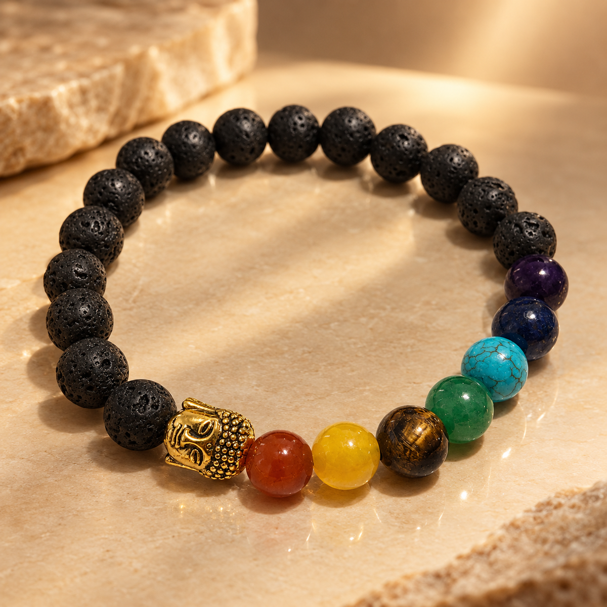 Bracelet en pierre de lave, Bouddha et chakras