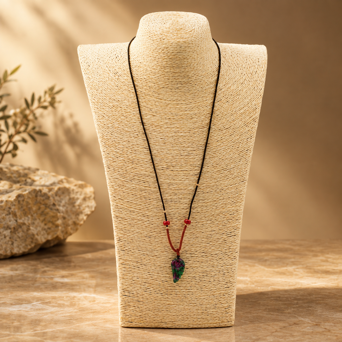 Collier sur cordon, aile d’ange en pierre verte et rose — vue 2