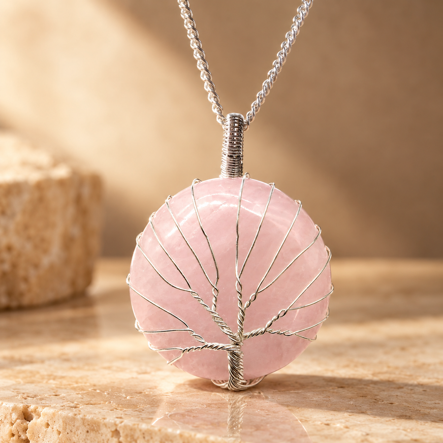 Collier arbre de vie en quartz rose