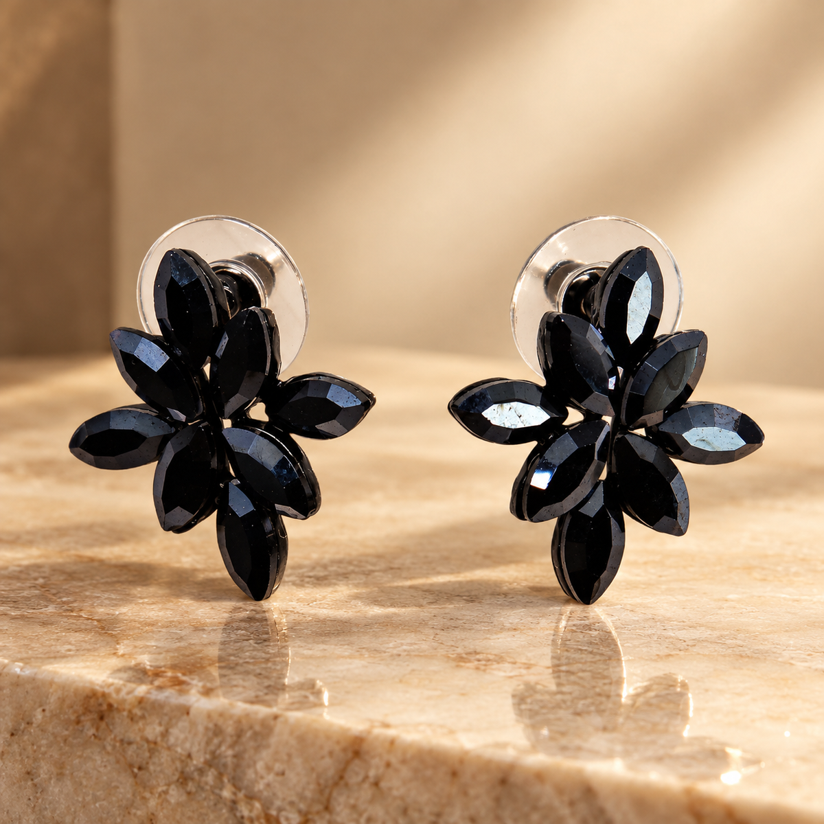 Boucles d’oreilles fleurs en verre, noir de jais