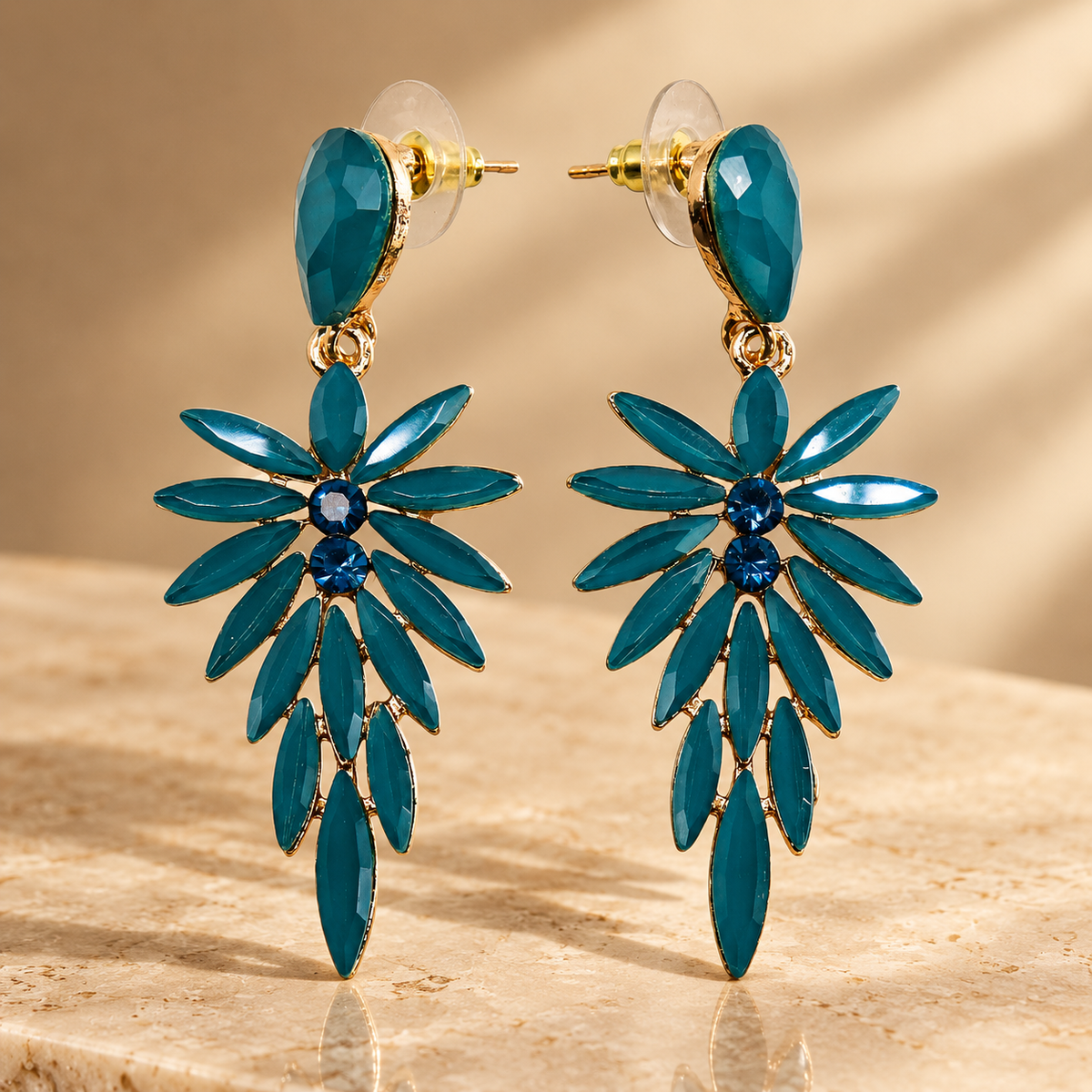 Boucles d’oreilles longues en verre, vert sarcelle