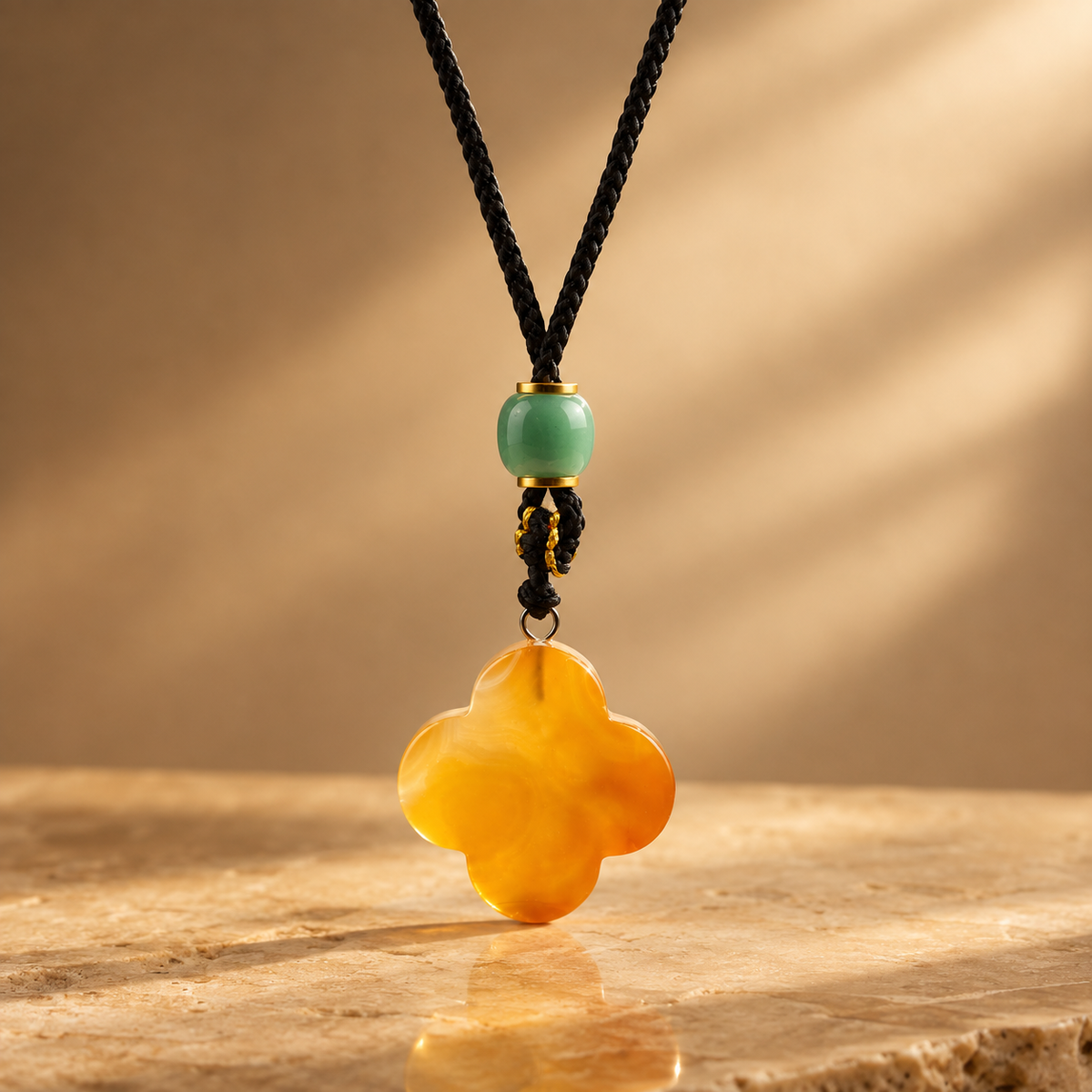Collier sur cordon, trèfle en jade rouge